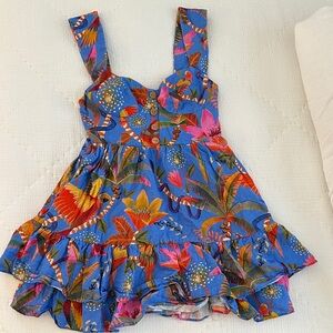 Farm Rio Dress - Blue Macaw Parrot Tiered‎ Mini Fit Flare Linen XS